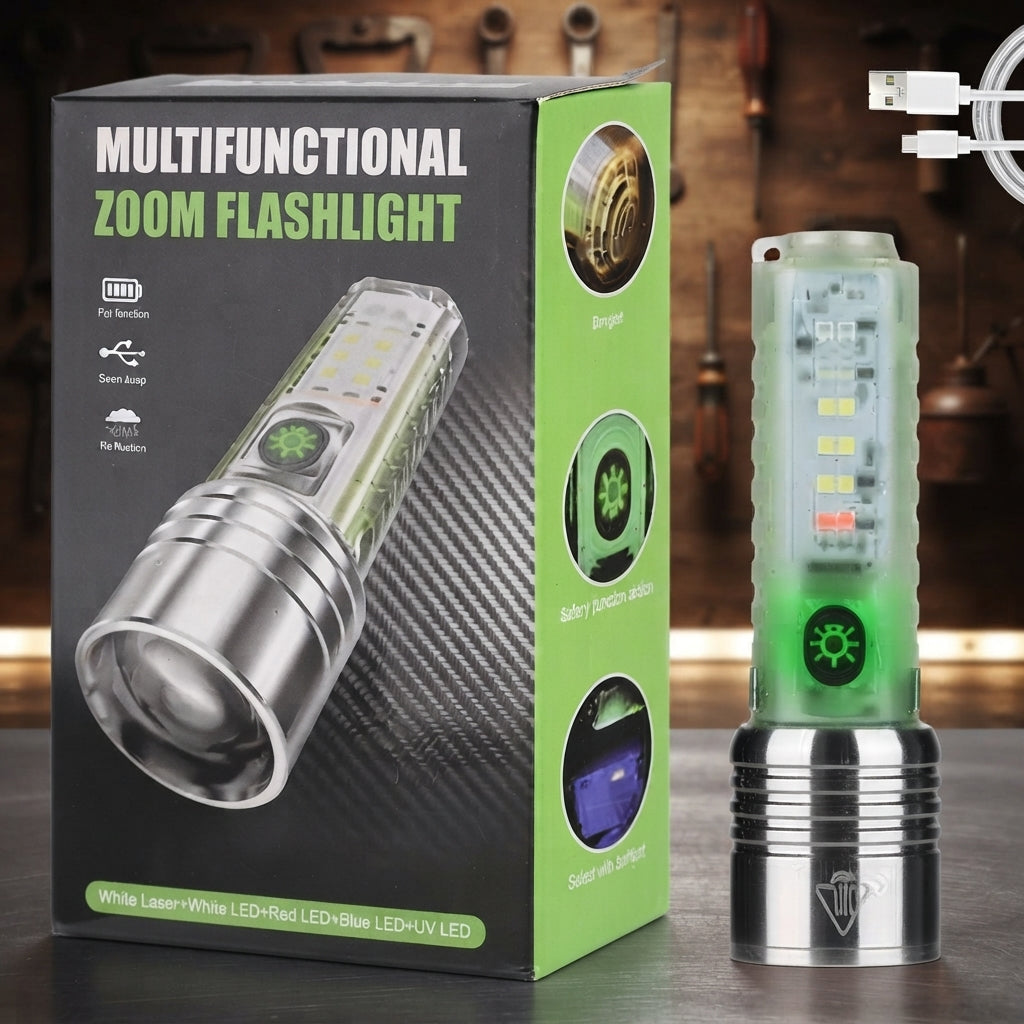 Multifunctional Zoom LED Flashlight – High Power Rechargeable Torch with 800-Meter Beam Distance, 4 White Light Modes, Green Body, Red/Blue Emergency Signal, and UV - Detail View 4