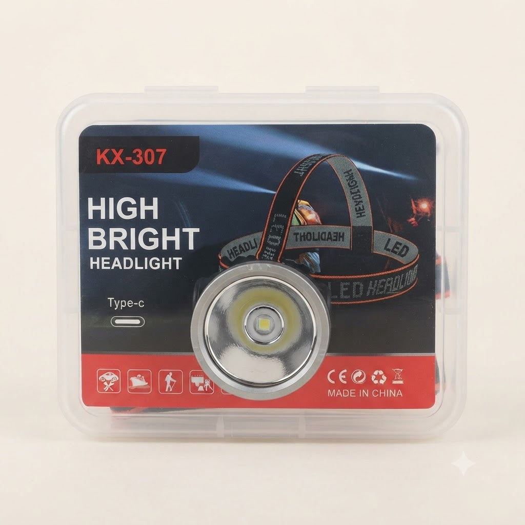 KX-307 High Bright LED Headlight Rechargeable Type-C Head Lamp for Camping, Hiking, Fishing, Outdoor Work, Emergency & Night Activities with Adjustable Head Strap - Main Product View