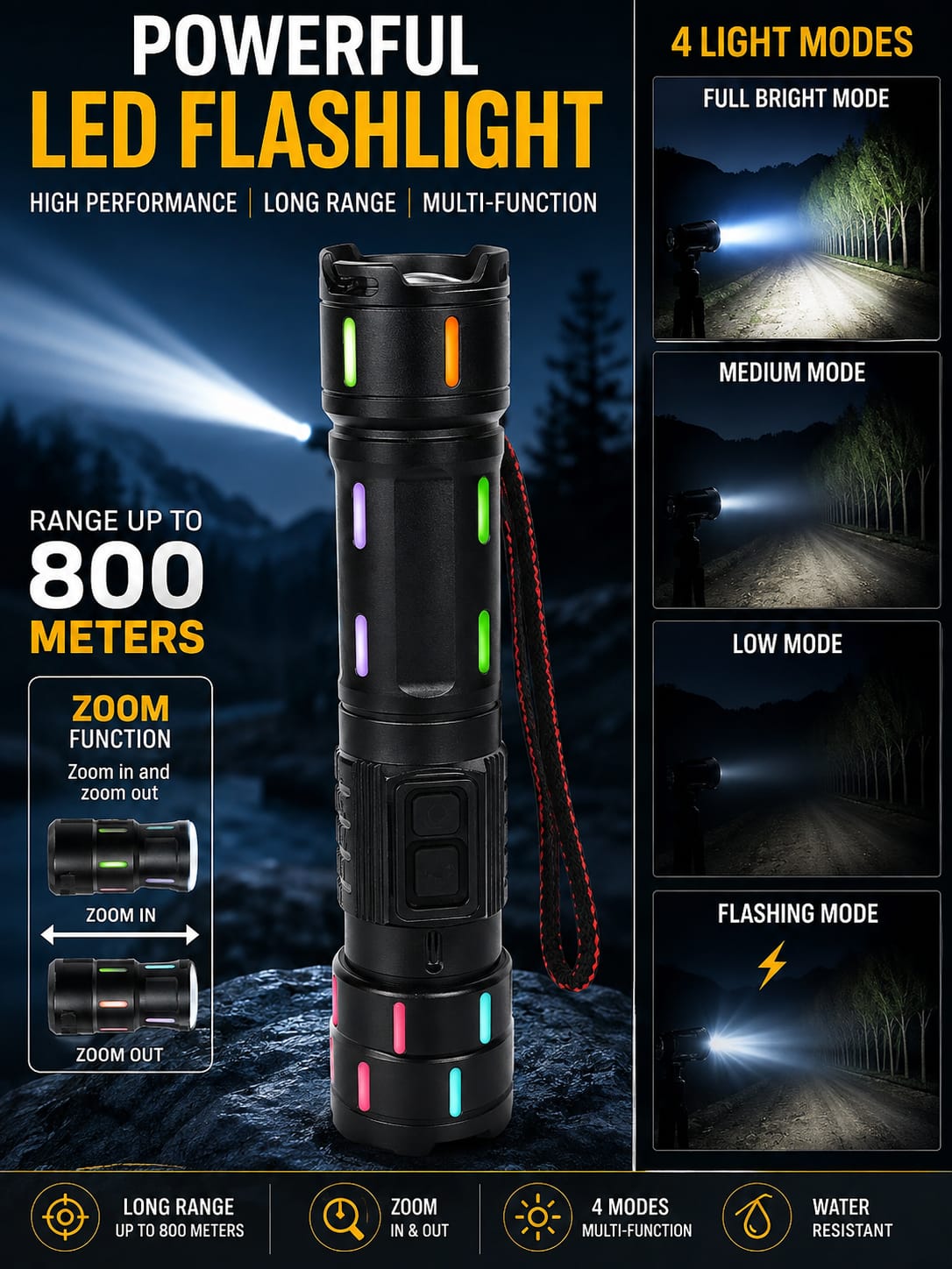 800 Meter Long Range Tactical LED Flashlight - Multi-Mode Rechargeable Torch with Telescopic Zoom, Fluorescent Glow Body & Water Resistance - Main Product View