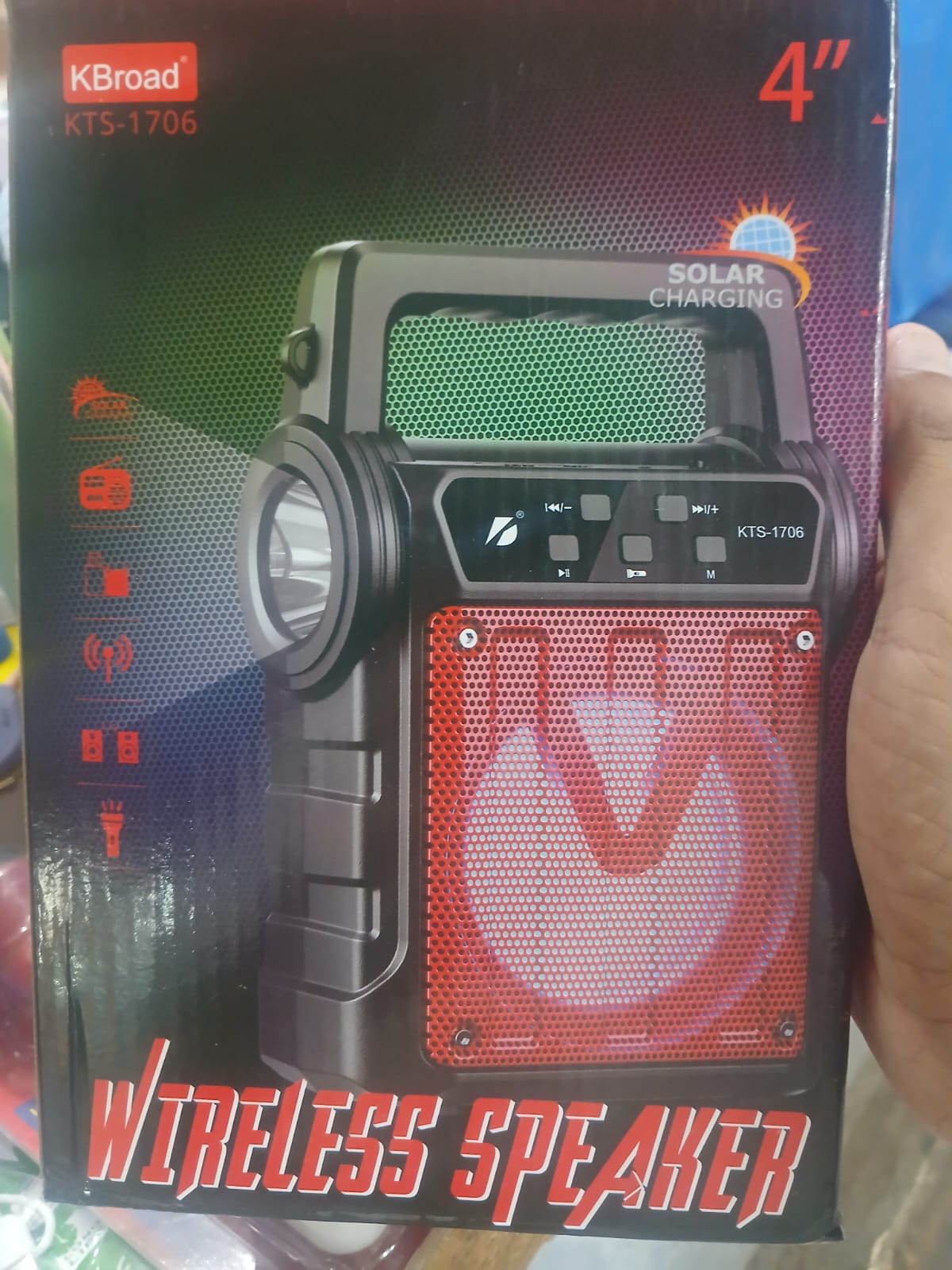 KBroad KTS-1706 Portable Wireless Bluetooth Speaker with FM Radio, Solar Charging, and LED Flashlight - Detail View 8