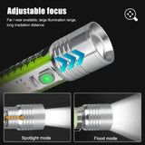 Multifunctional Zoom LED Flashlight – High Power Rechargeable Torch with 800-Meter Beam Distance, 4 White Light Modes, Green Body, Red/Blue Emergency Signal, and UV - Detail View 2