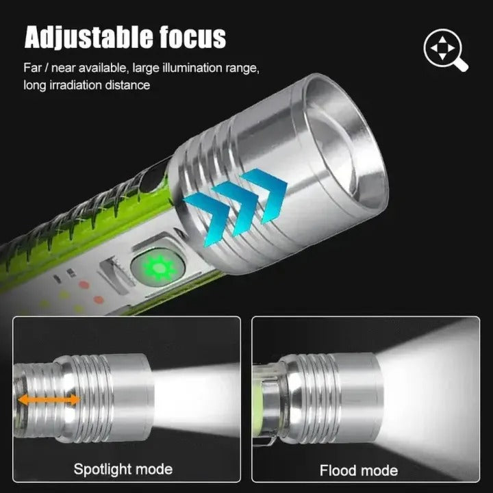 Multifunctional Zoom LED Flashlight – High Power Rechargeable Torch with 800-Meter Beam Distance, 4 White Light Modes, Green Body, Red/Blue Emergency Signal, and UV - Detail View 2