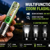 Multifunctional Zoom LED Flashlight – High Power Rechargeable Torch with 800-Meter Beam Distance, 4 White Light Modes, Green Body, Red/Blue Emergency Signal, and UV