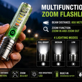Multifunctional Zoom LED Flashlight – High Power Rechargeable Torch with 800-Meter Beam Distance, 4 White Light Modes, Green Body, Red/Blue Emergency Signal, and UV - Main Product View