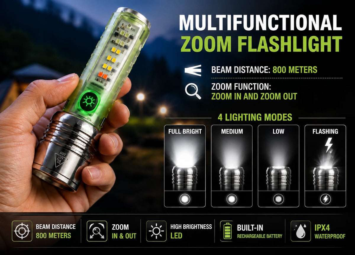 Multifunctional Zoom LED Flashlight – High Power Rechargeable Torch with 800-Meter Beam Distance, 4 White Light Modes, Green Body, Red/Blue Emergency Signal, and UV - Main Product View
