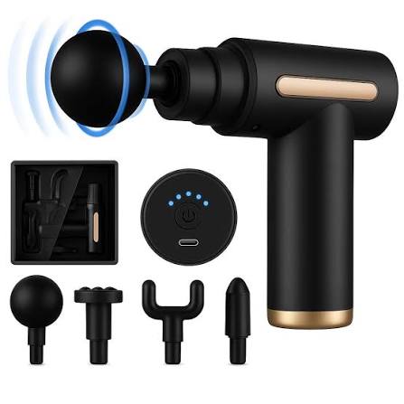 AmaniPK massage gun with four interchangeable massage heads