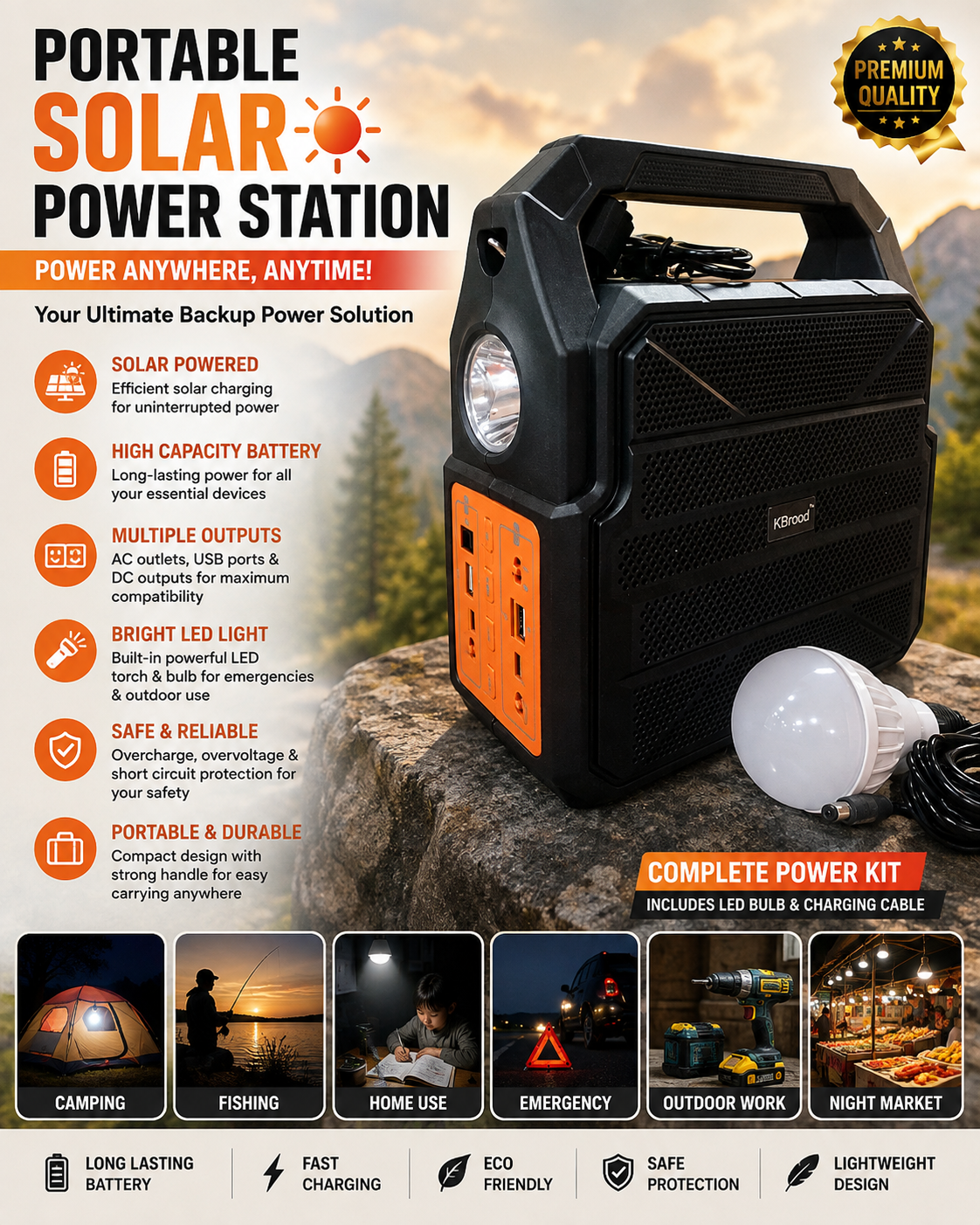 KBroad Portable Solar Power Station with LED Light & Charging Kit - Detail View 5