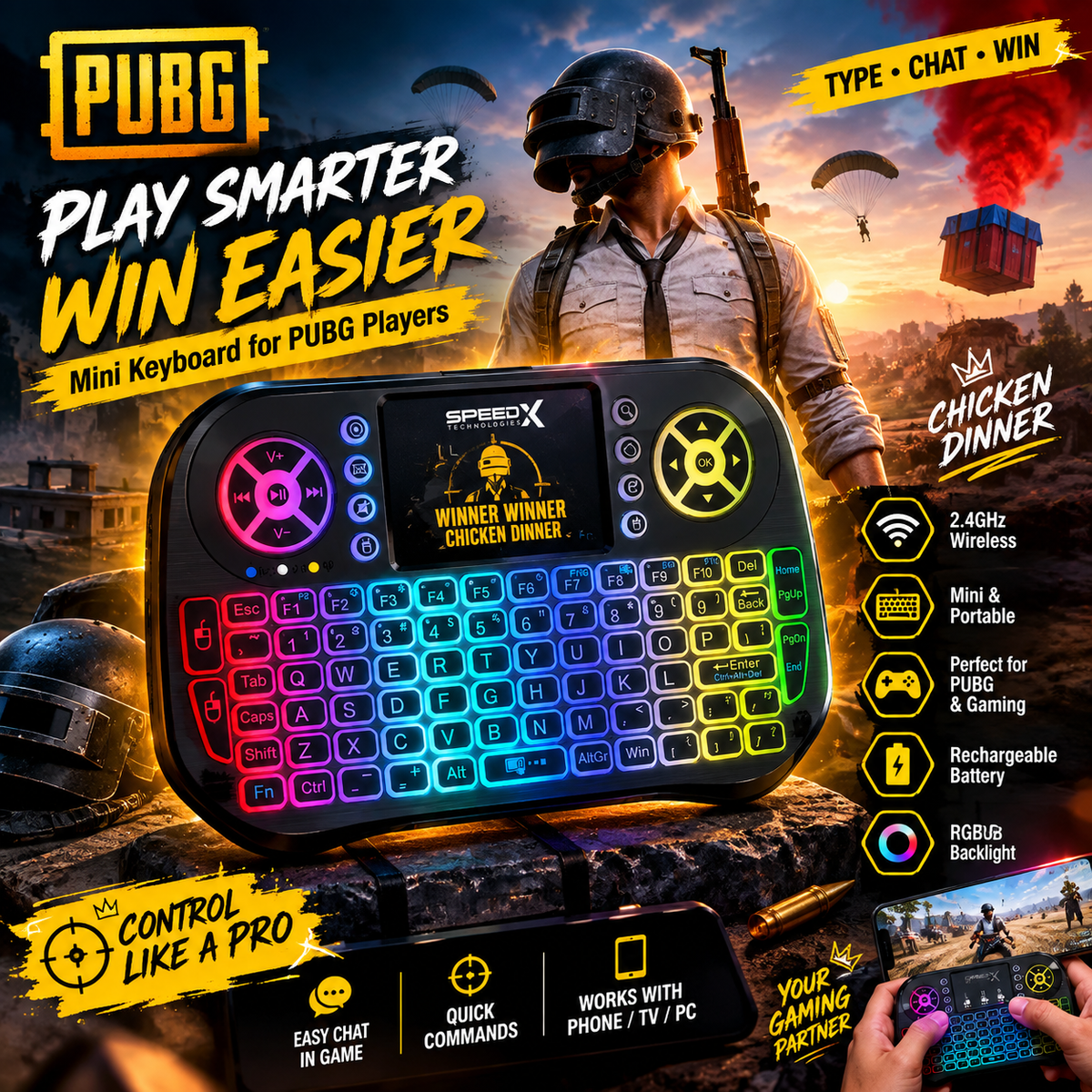 Mini Wireless Mobile PUBG Keyboard + bluetooth Touchpad 7 Color Backlit Light 2.4ghz Rechargeable with Nokia Bettery - Main Product View
