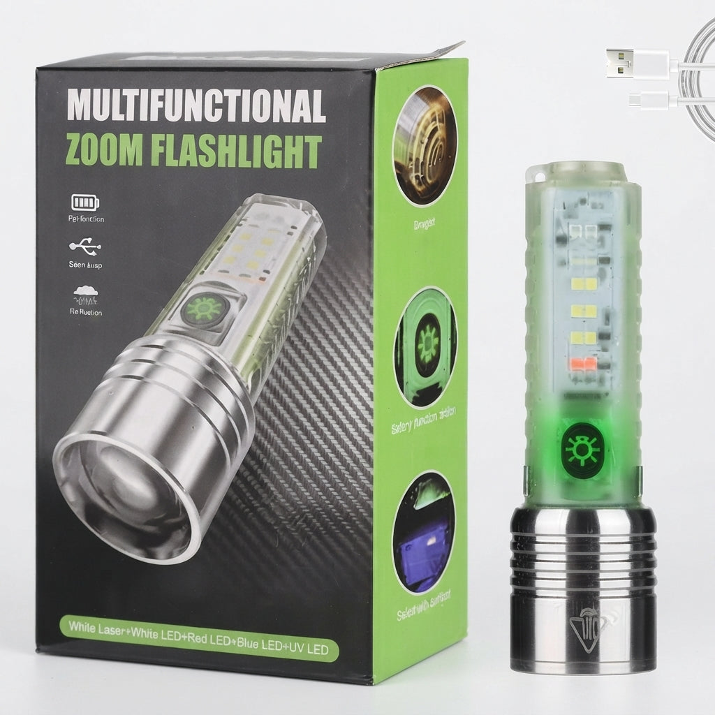Multifunctional Zoom LED Flashlight – High Power Rechargeable Torch with 800-Meter Beam Distance, 4 White Light Modes, Green Body, Red/Blue Emergency Signal, and UV - Detail View 3